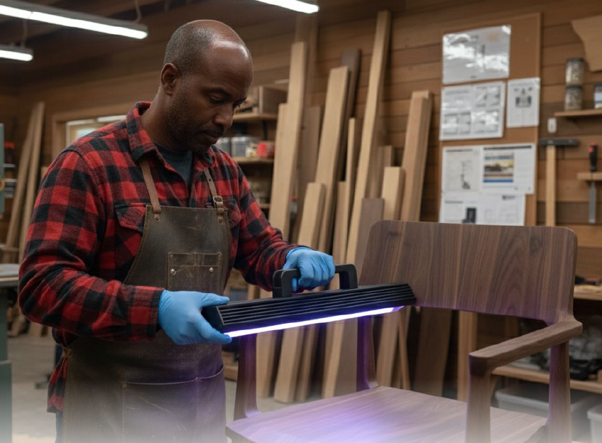 Woodworker using a handheld UV curing light to cure the finish on a wooden chair.