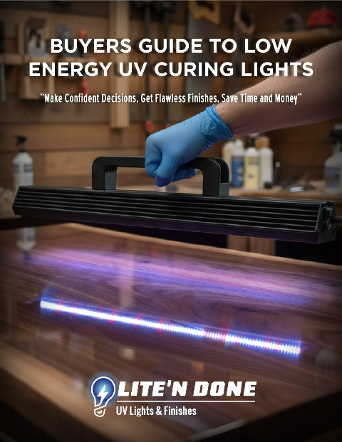Person using a UV curing light with text about low energy UV curing lights and Lite'n Done brand.