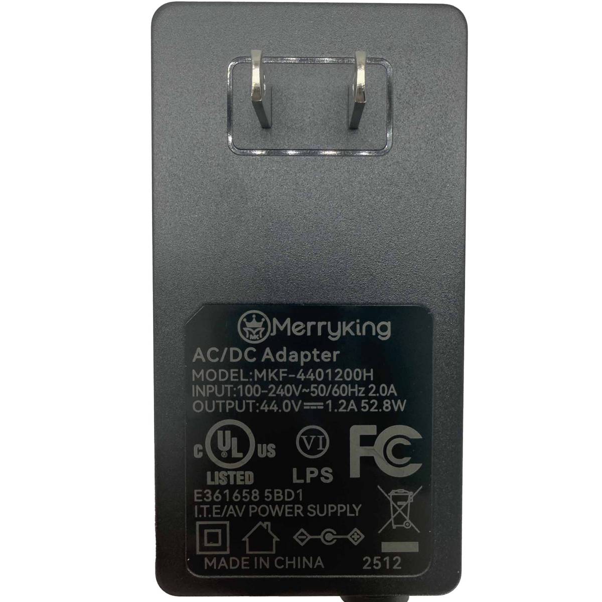 Pro power supply label and wall plug, showing Merryking MKF-4401200H and 44V DC, 1.2A output.