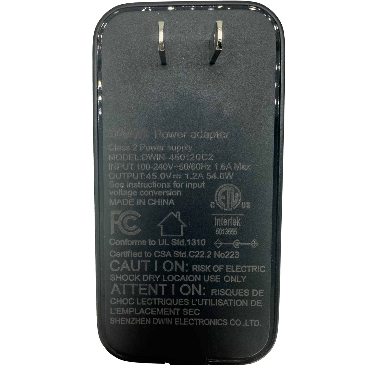 Spark power supply label and wall plug, showing DWIN-450120C2 and 45V DC, 1.2A output.