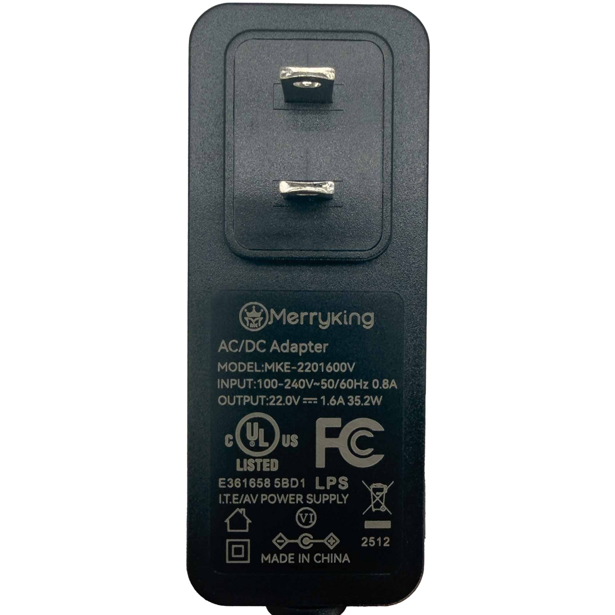 Core power supply label and wall plug, showing Merryking MKE-2201600V and 22V DC, 1.6A output.