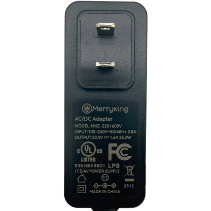 Core power supply label and wall plug, showing Merryking MKE-2201600V and 22V DC, 1.6A output.