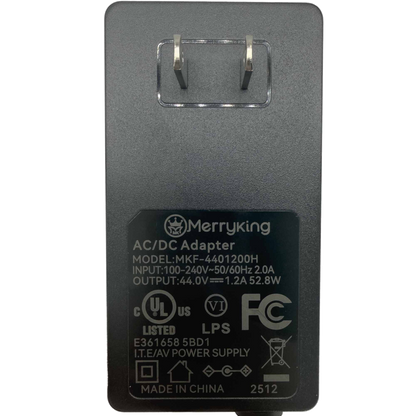 Pro power supply label and wall plug, showing Merryking MKF-4401200H and 44V DC, 1.2A output.