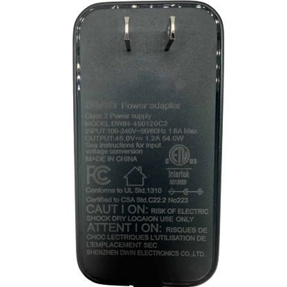 Spark power supply label and wall plug, showing DWIN-450120C2 and 45V DC, 1.2A output.